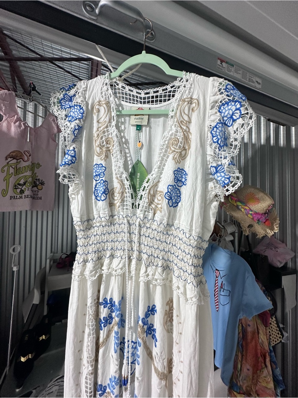 Farm Rio White & Blue Embroidered V-Neck Maxi Dress NWT - Picture 7 of 7